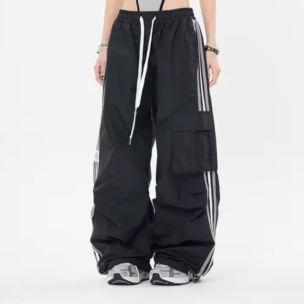 Black Wide-Leg Track Pants with White Stripes